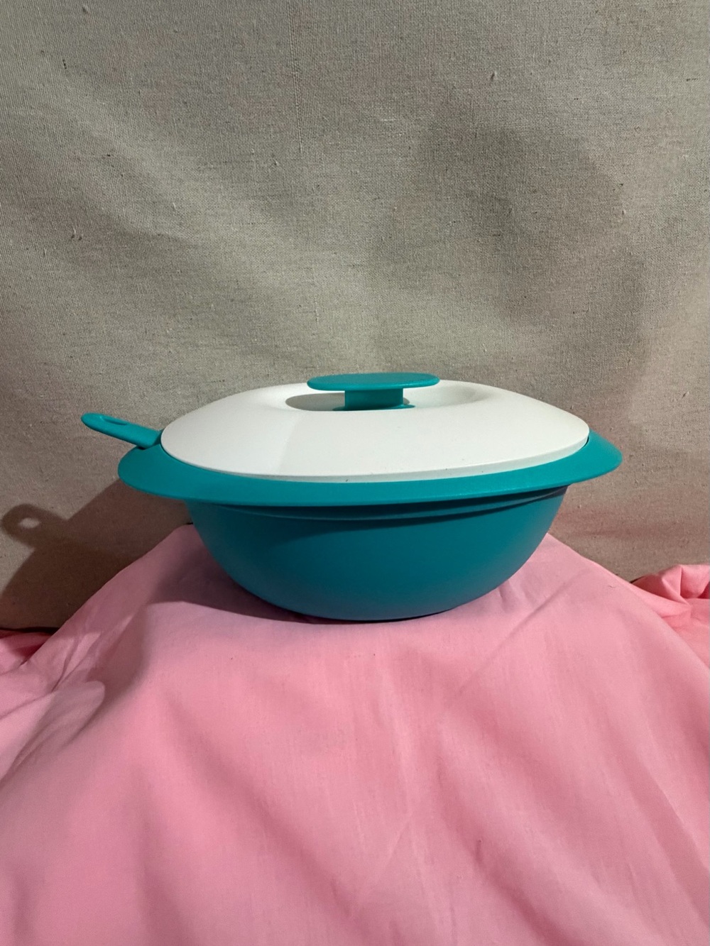 Tupperware Teal and White Covered Serving Bowl with Lid & Ladle